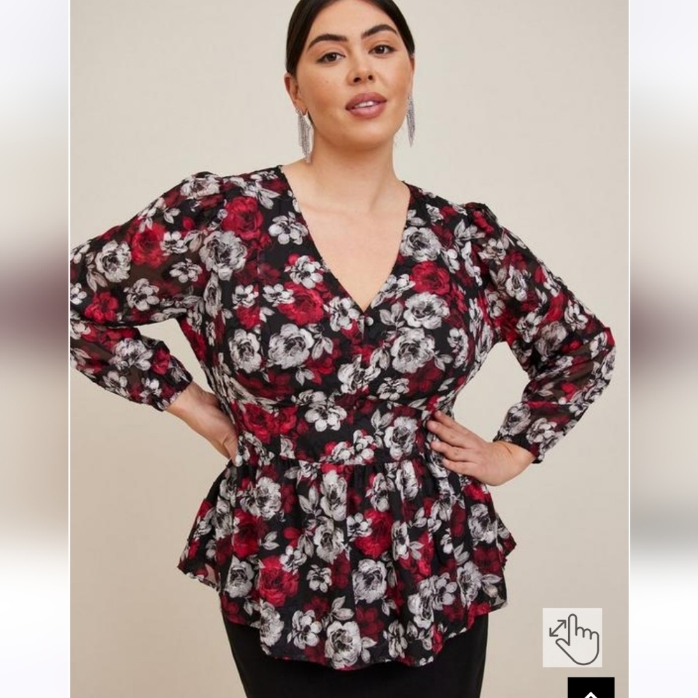 TORRID Peplum Chiffon Clip Floral Blouson Sleeve Top